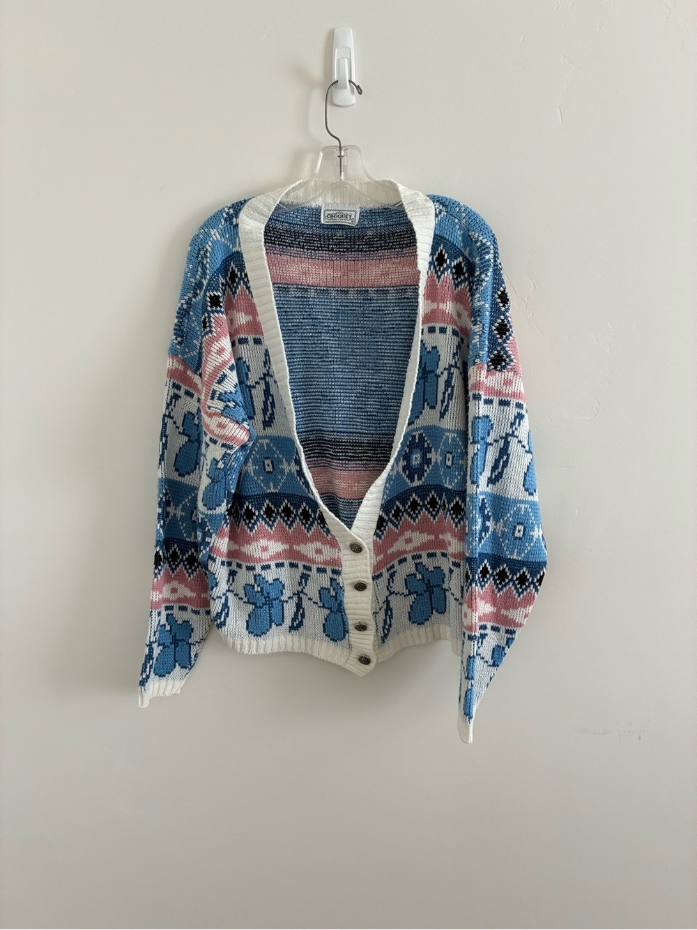 Croquet vintage Oversized Blue & Pink Patterned Cardigan Sweater size large